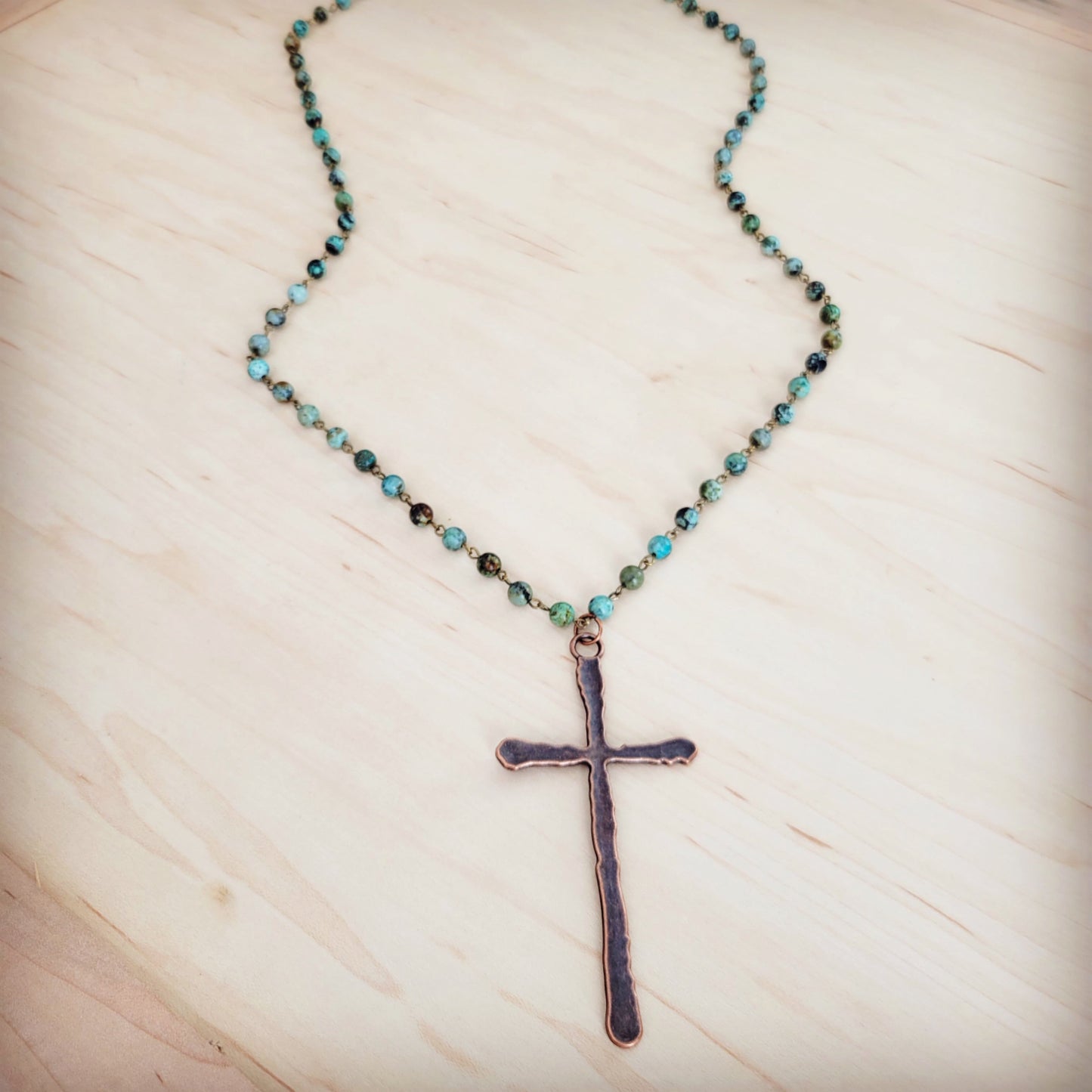 Genuine African Turquoise Long Beaded Necklace with Antique Copper Cross 262y