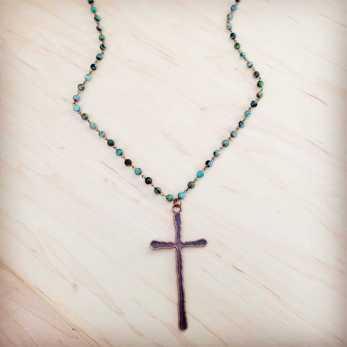 Genuine African Turquoise Long Beaded Necklace with Antique Copper Cross 262y