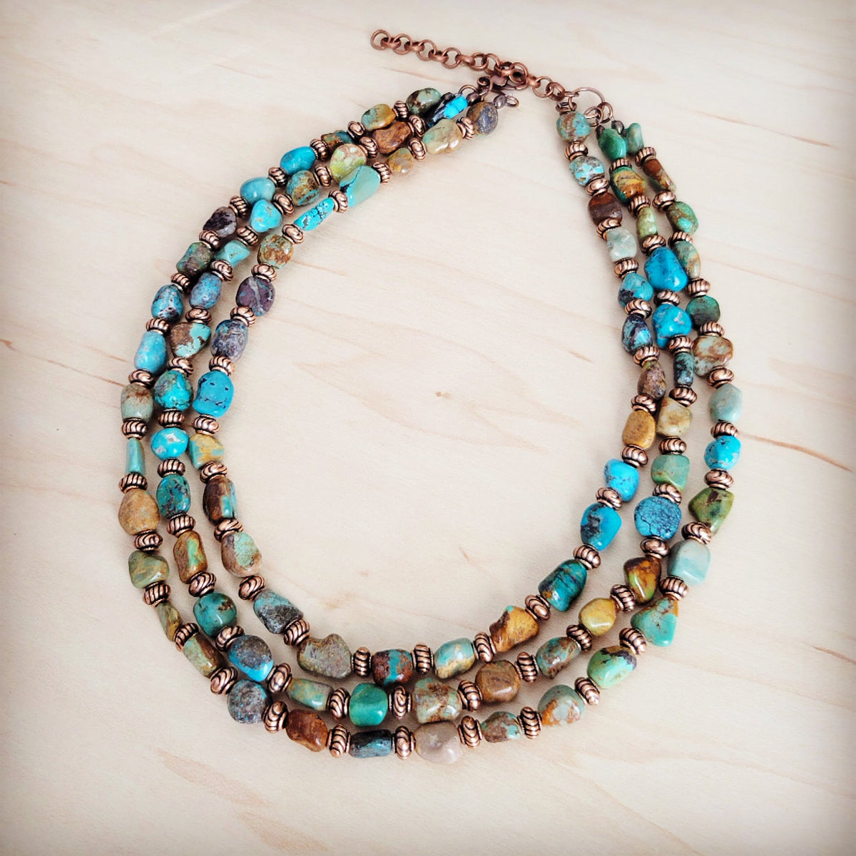 **Genuine HuBei Turquoise & Copper Triple Strand Necklace 259t