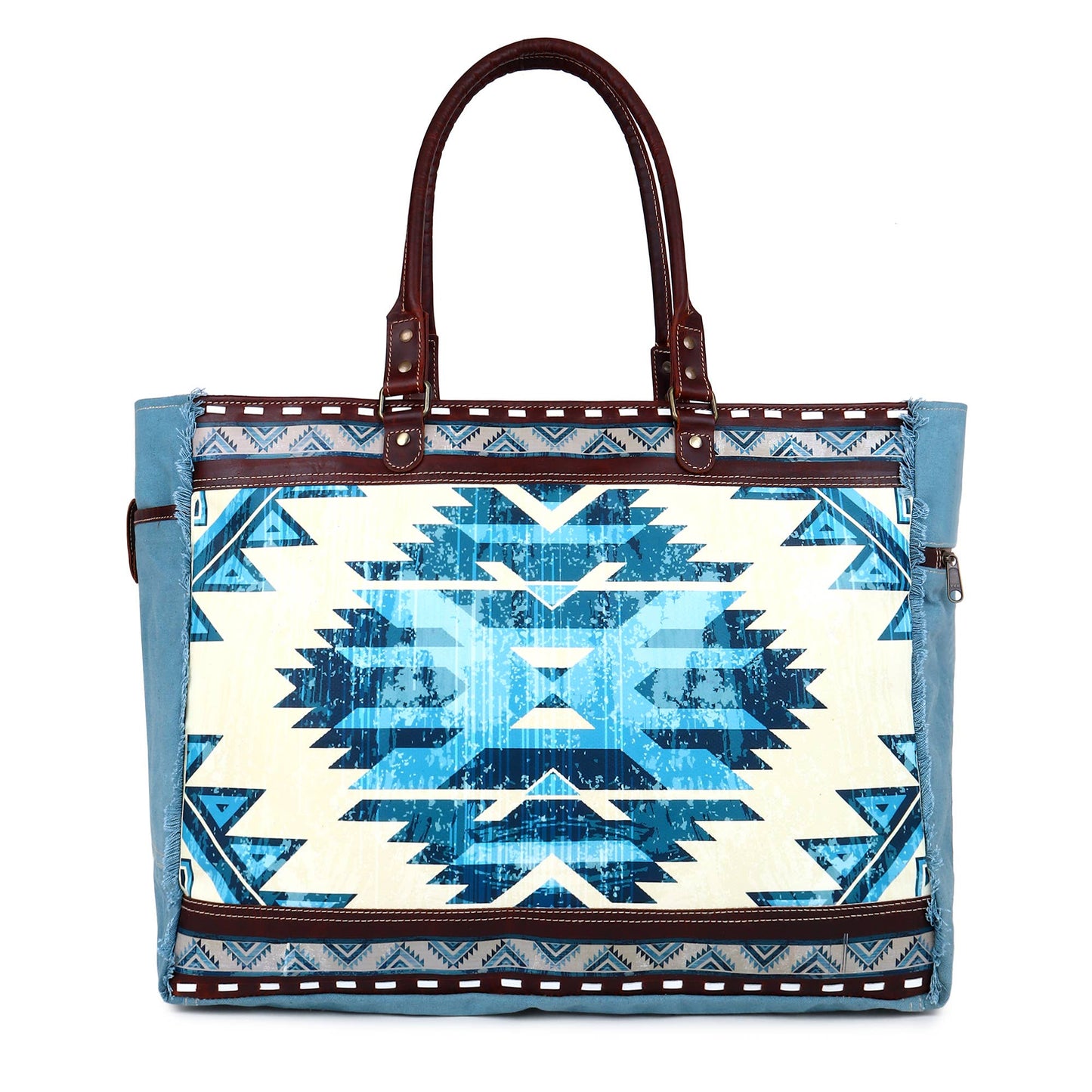 Blue Aztec Up-cycled Canvas & Genuine Leather Weekender Bag