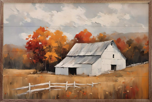 White Barn With White Fence image 0