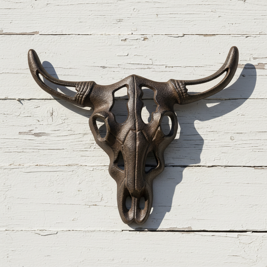 Bull Skull Wall Plaque, Cast Iron Western Ranch Wall Decor