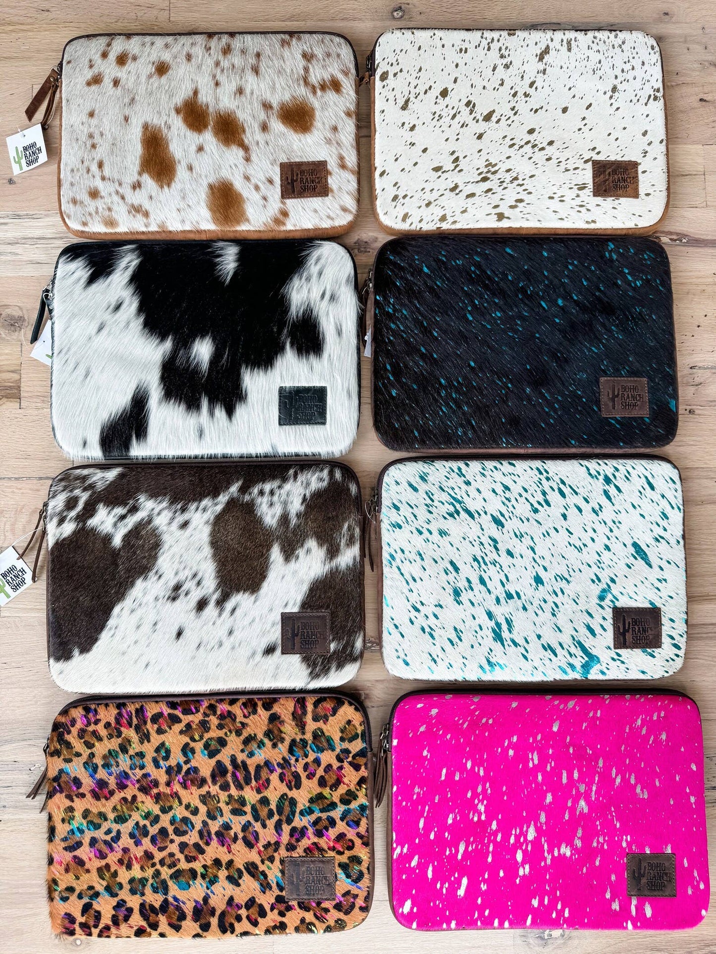Cowhide Laptop Sleeve - Leather Back: LEOPARD + RAINBOW