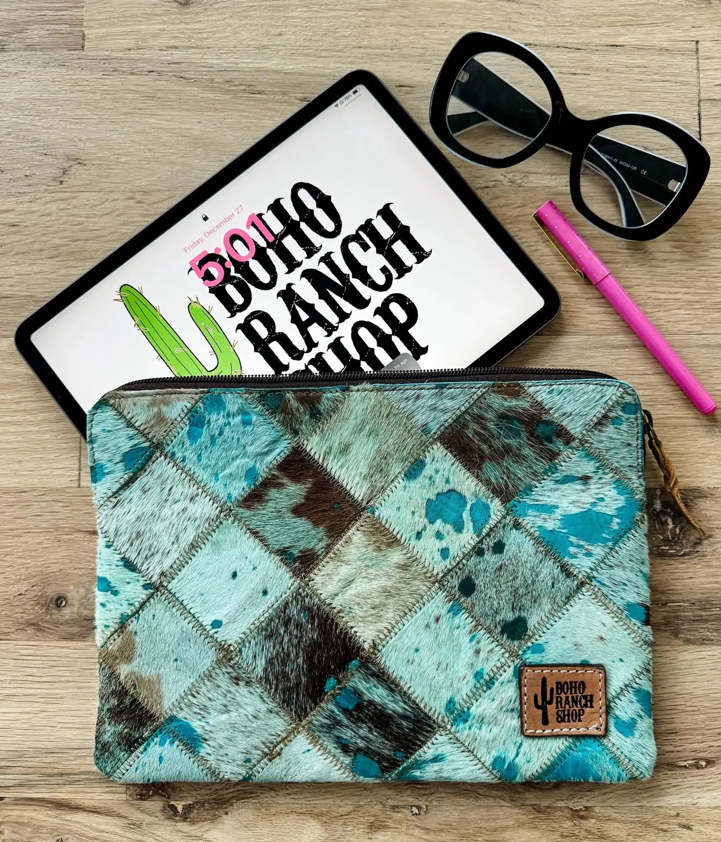 Cowhide Laptop Sleeve LARGE - PINK/SILVER