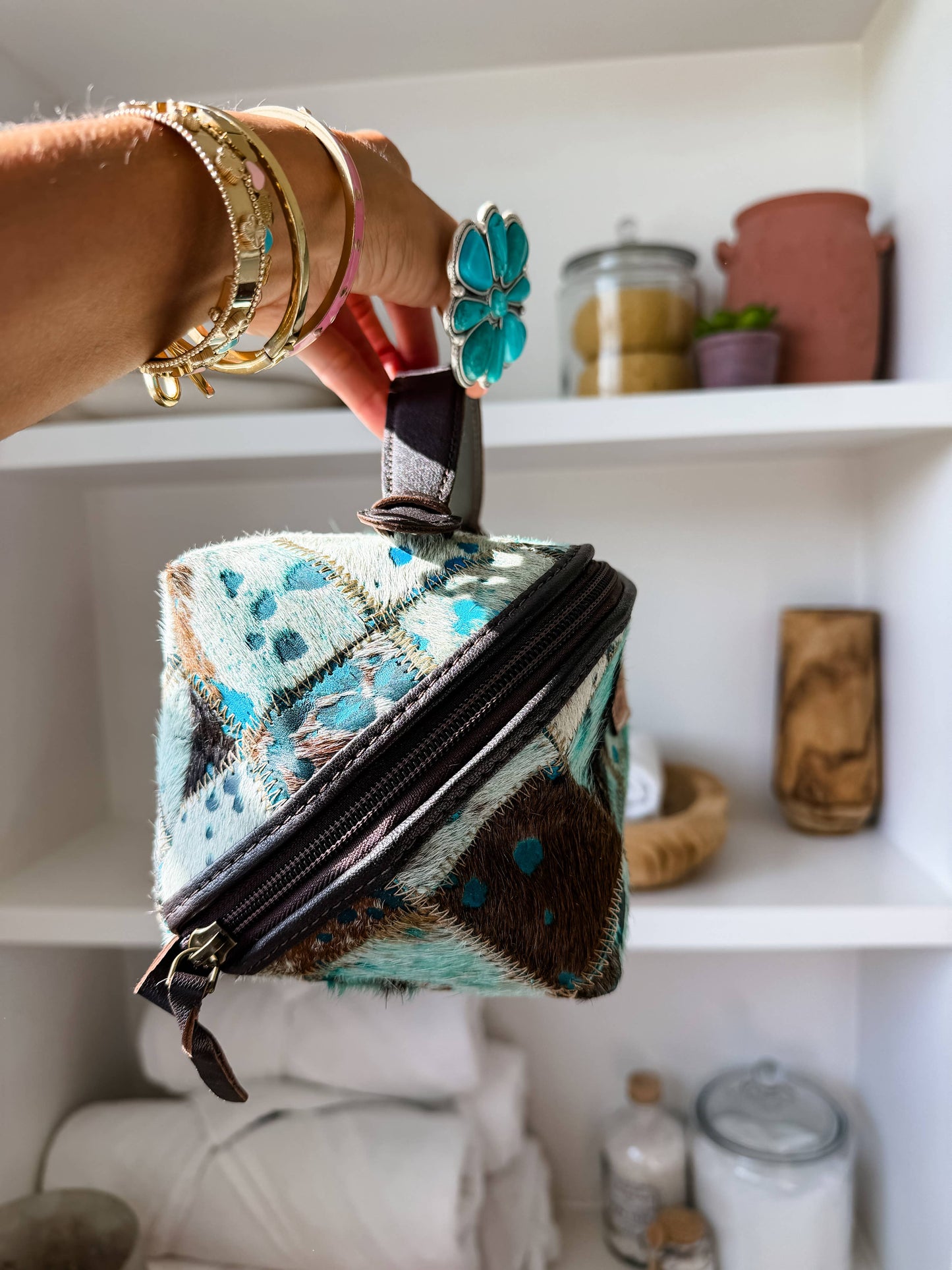 Ella Cowhide Leather Cosmetic Bag - Diagonal Opening