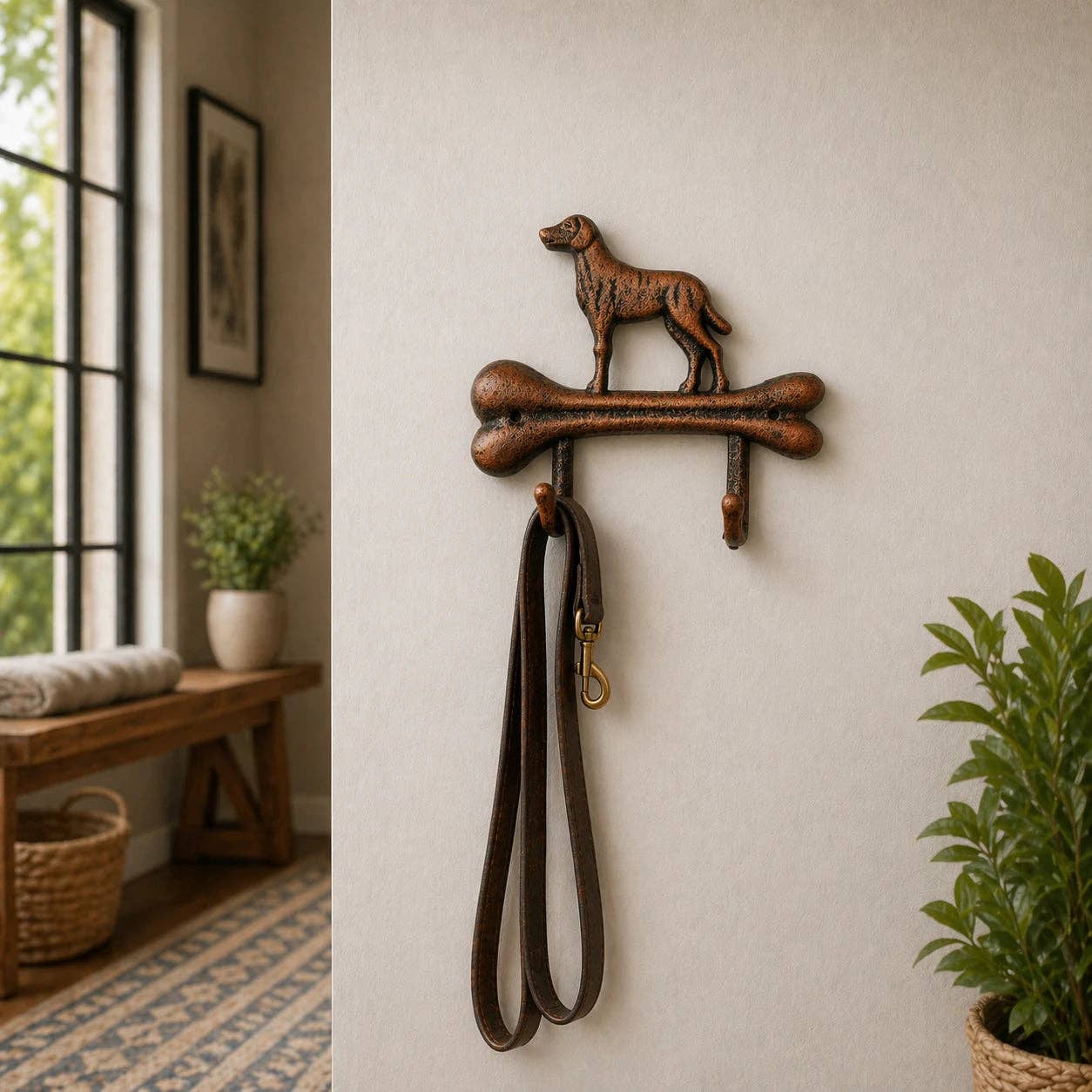 Dog Bone Double Wall Hook, Cast Iron for Leashes, Coats or Keys, 7.3"