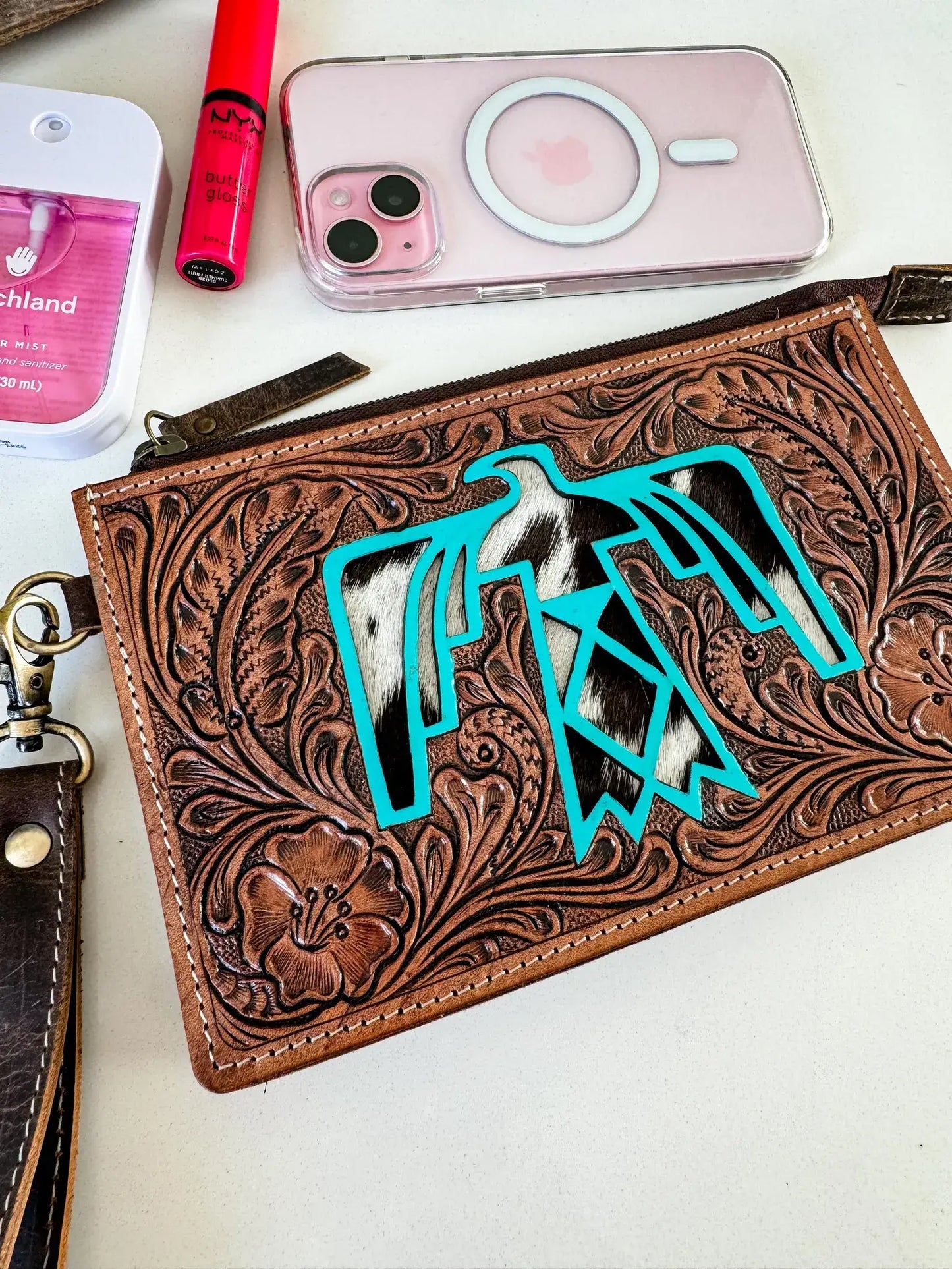 Sadie Thunderbird Wristlet Western Hand Tooled Leather
