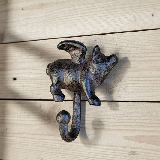 Flying Pig Wall Hook, Cast Iron Left Facing for Keys, Towels or Hats, 4.6"
