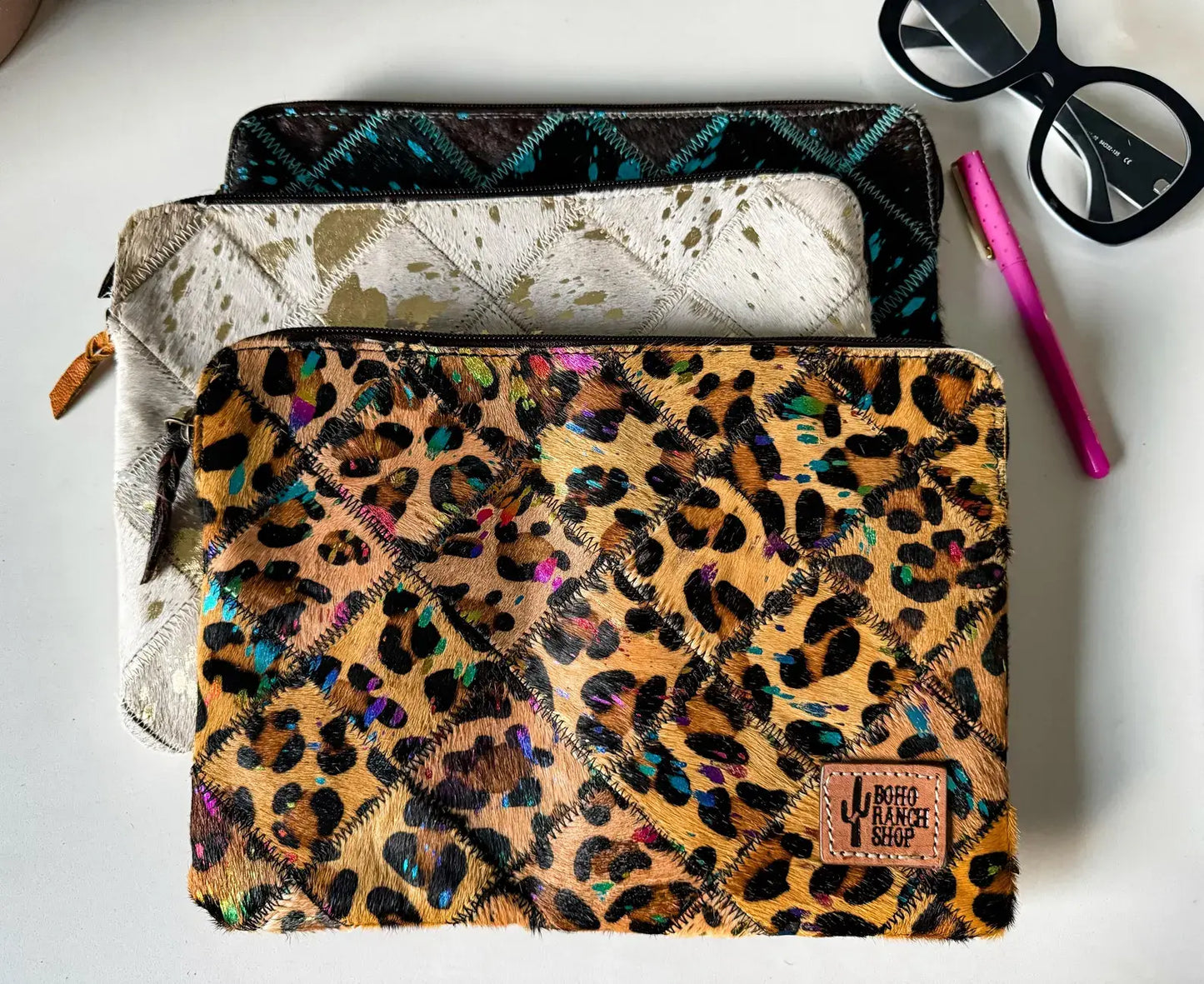 Cowhide Laptop Sleeve LARGE - PINK/SILVER