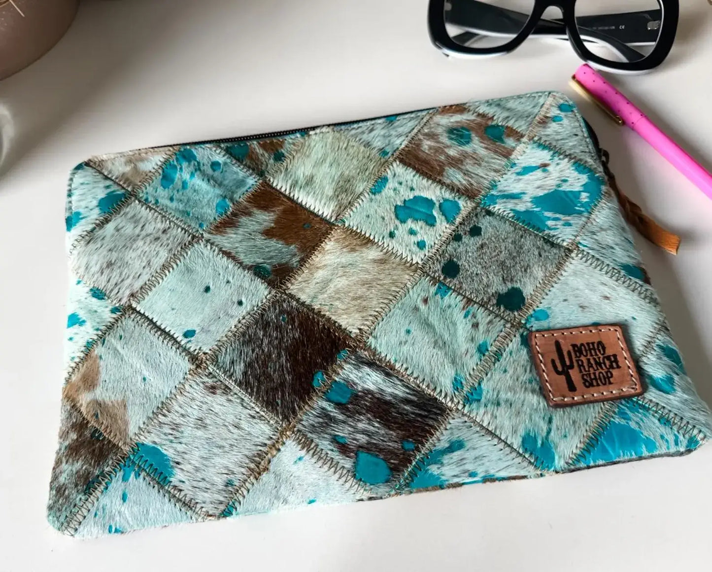 Cowhide Laptop Sleeve LARGE - PINK/SILVER
