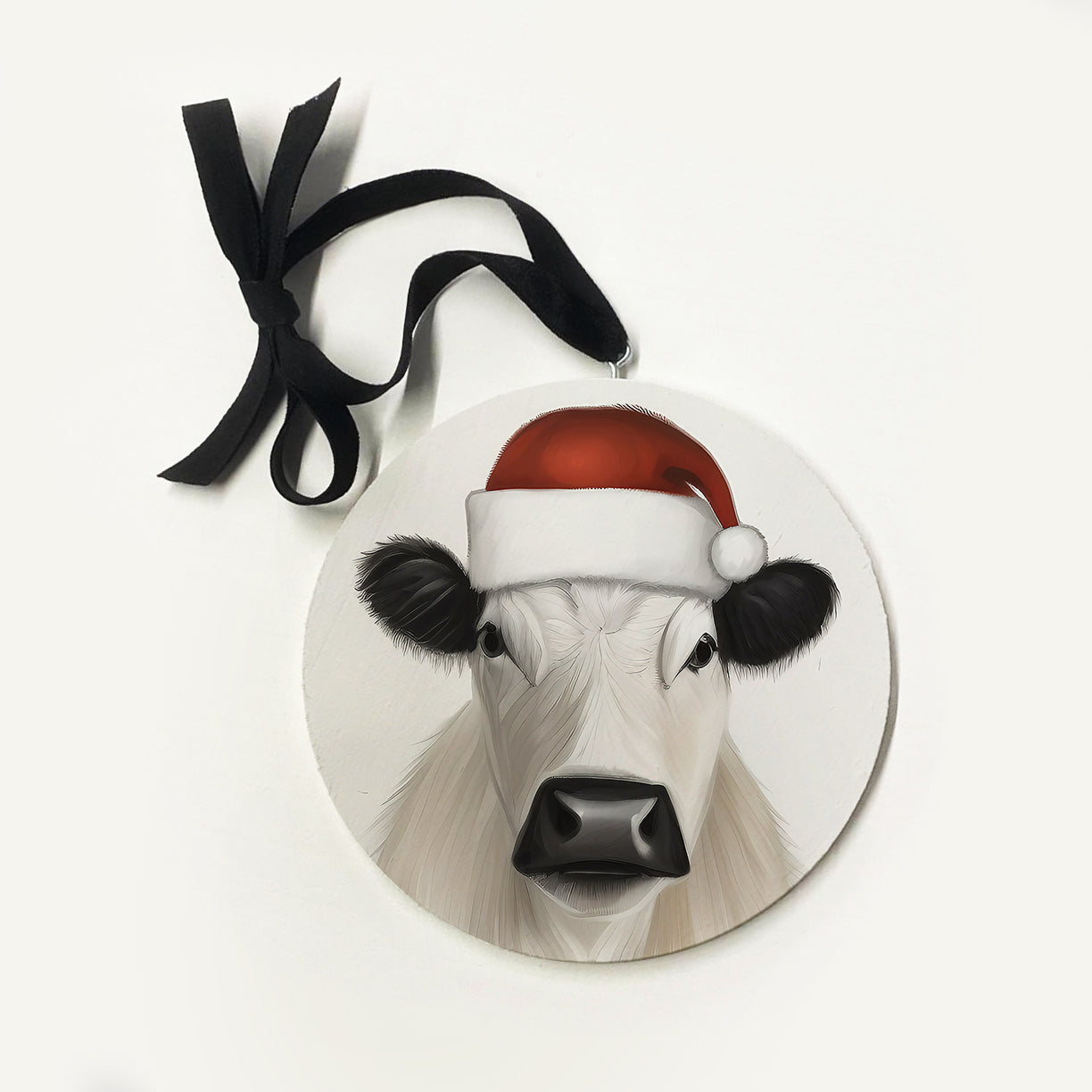 White Cow With Red Santa Hat Ornament