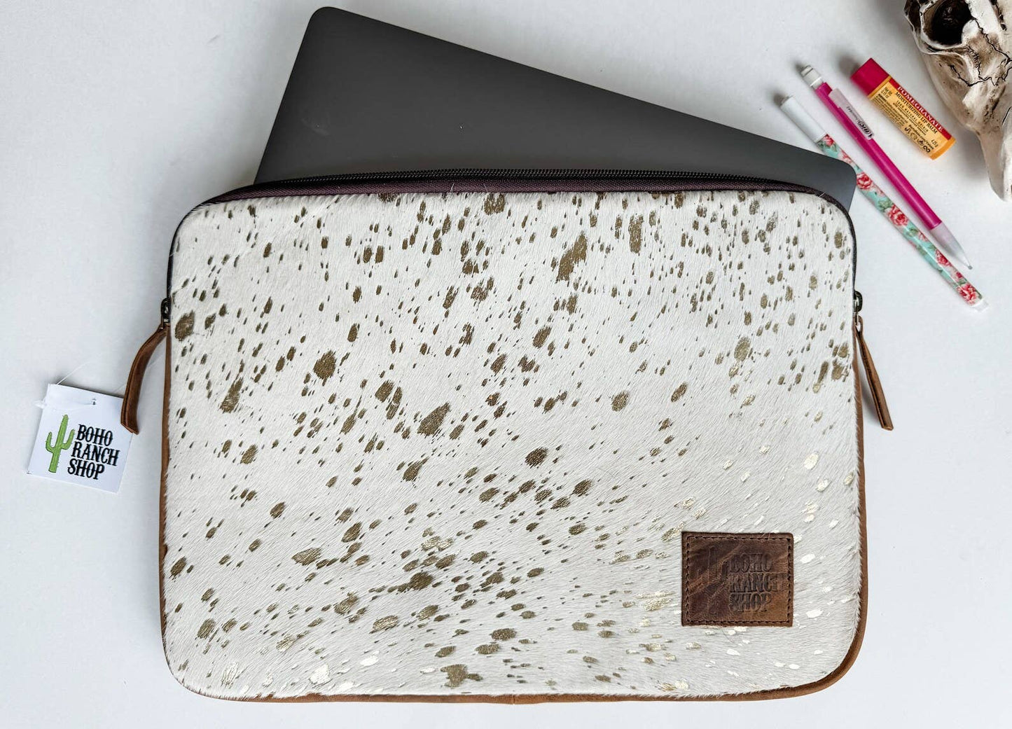 Cowhide Laptop Sleeve - Leather Back: LEOPARD + RAINBOW