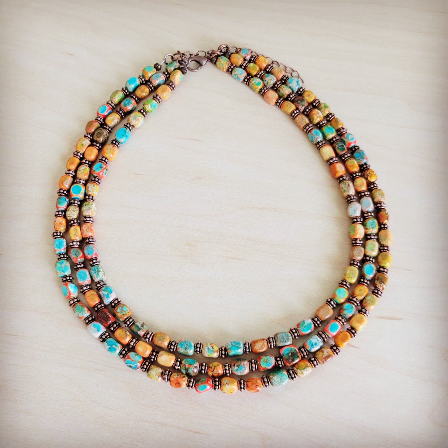 Triple Strand Layered Boho Sunrise Regalite Necklace 264o