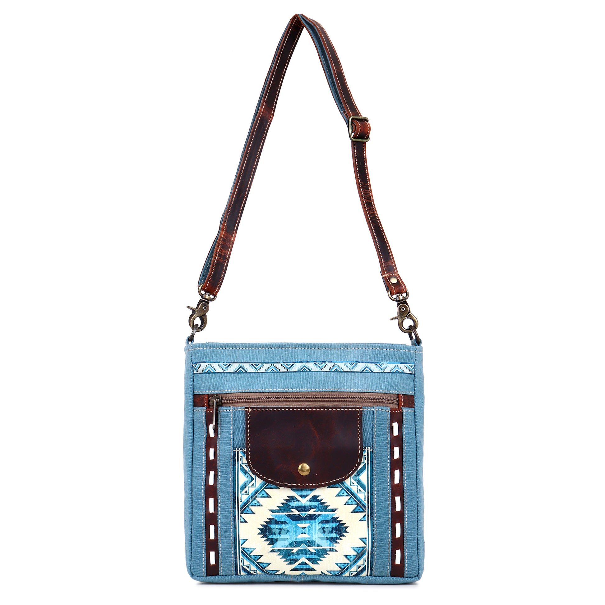 Blue Aztec Up-cycled Canvas & Genuine Leather Crossbody Purse image 2
