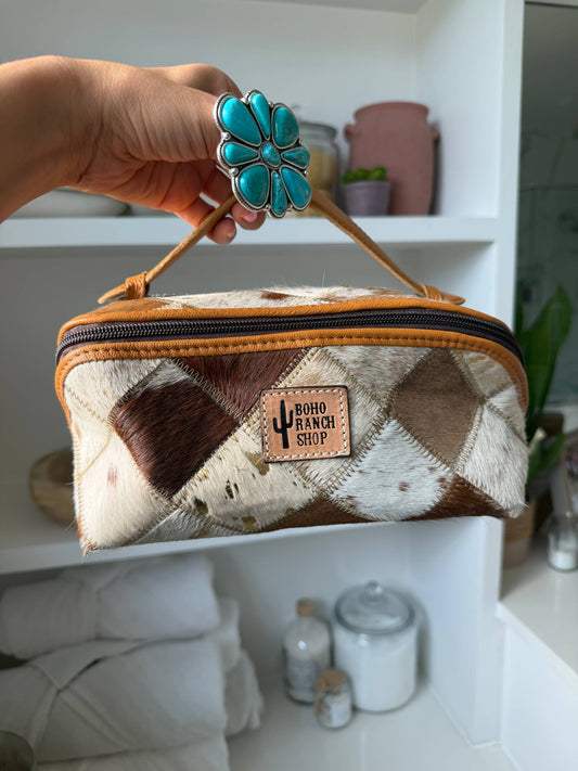 Ella Cowhide Leather Cosmetic Bag - Diagonal Opening