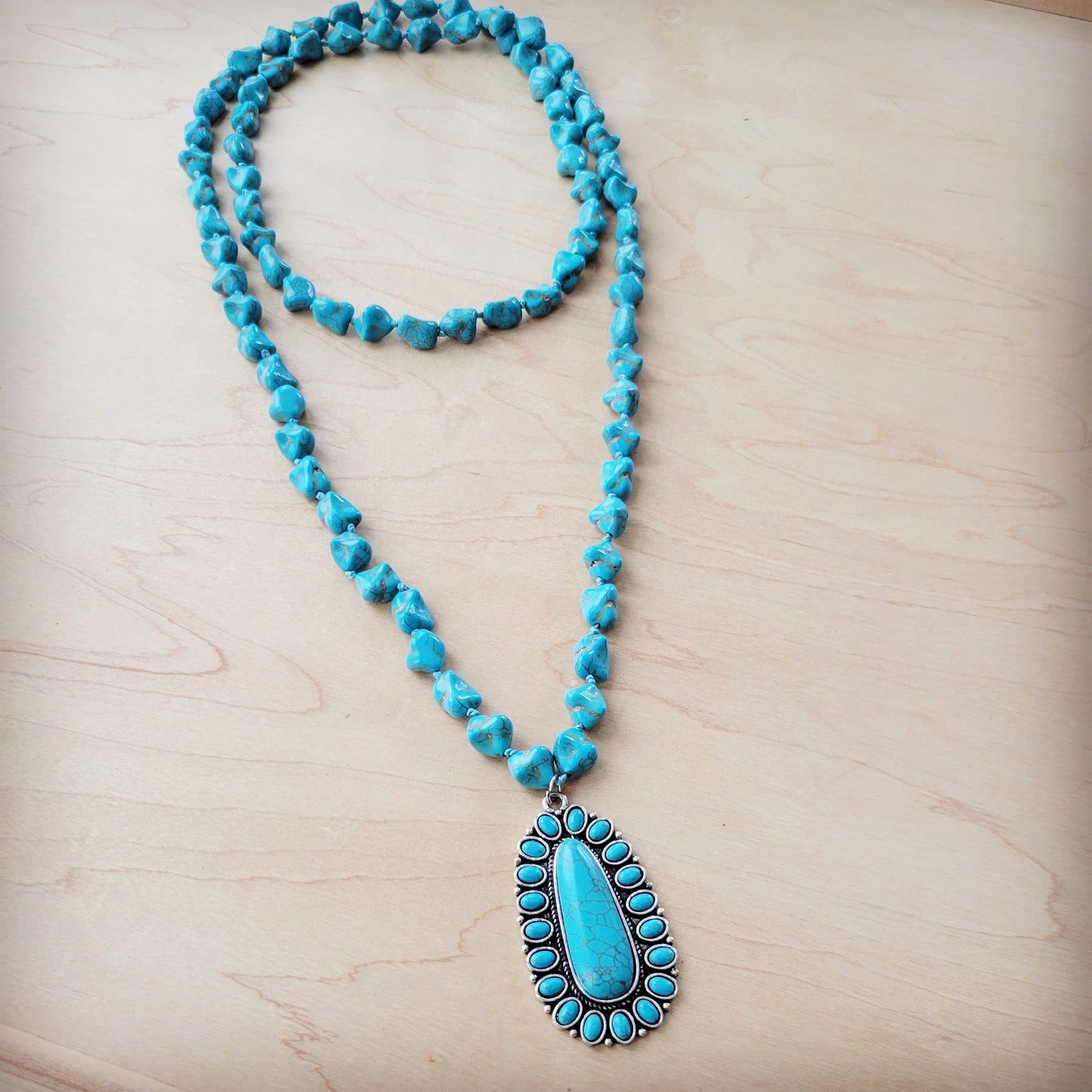 **Long Western Turquoise Beaded Necklace w/ Squash Blossom Pendant 261w