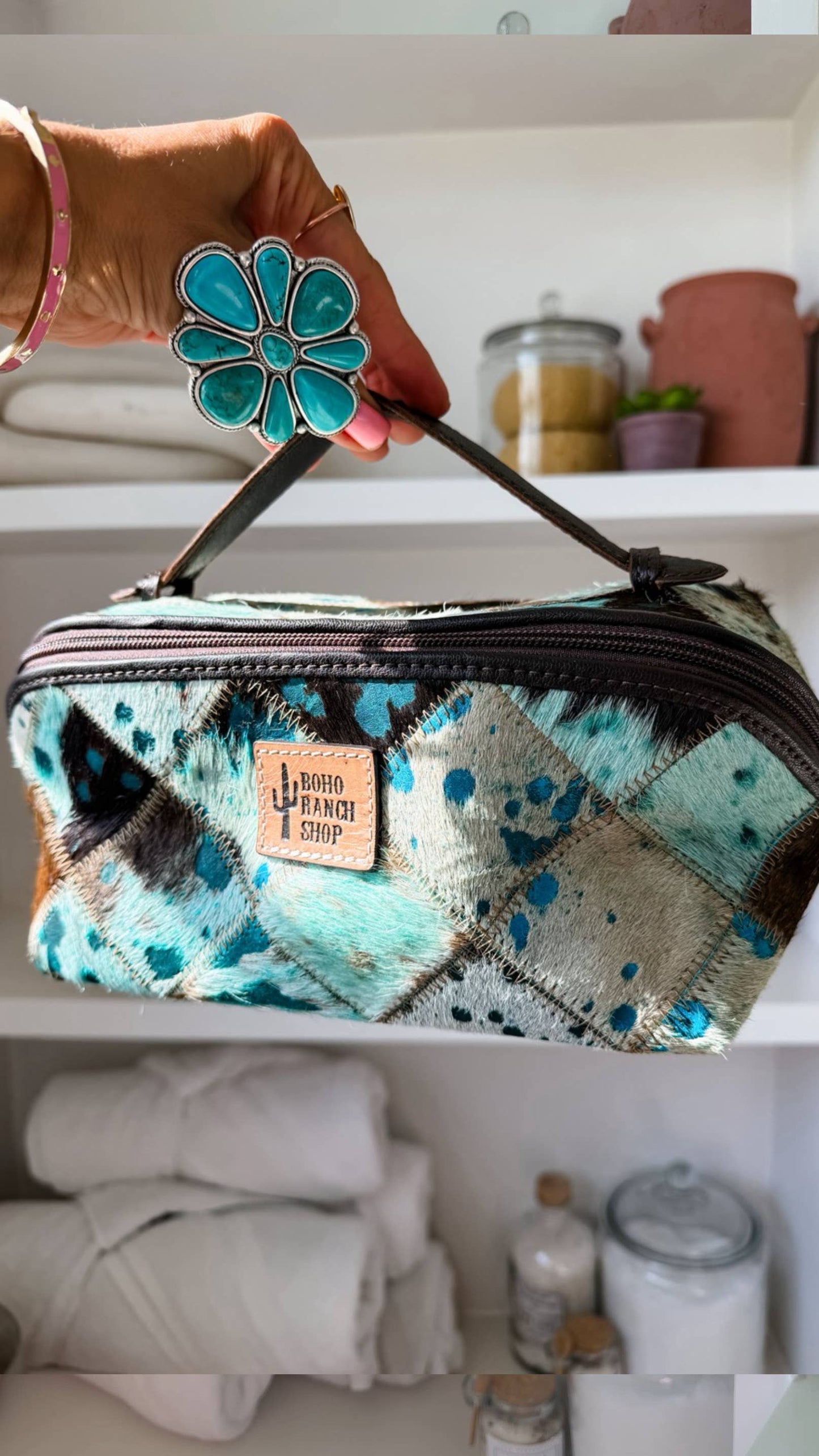Ella Cowhide Leather Cosmetic Bag - Diagonal Opening