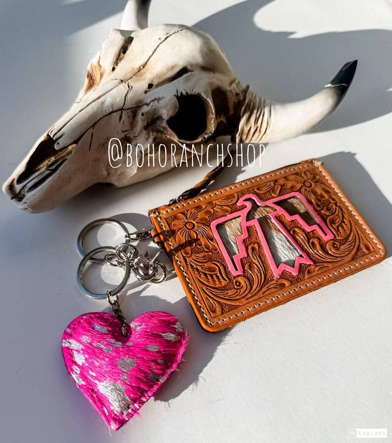 Tan w/Turquoise/Pink Longhorn/Thunderbird Keychain Wallet