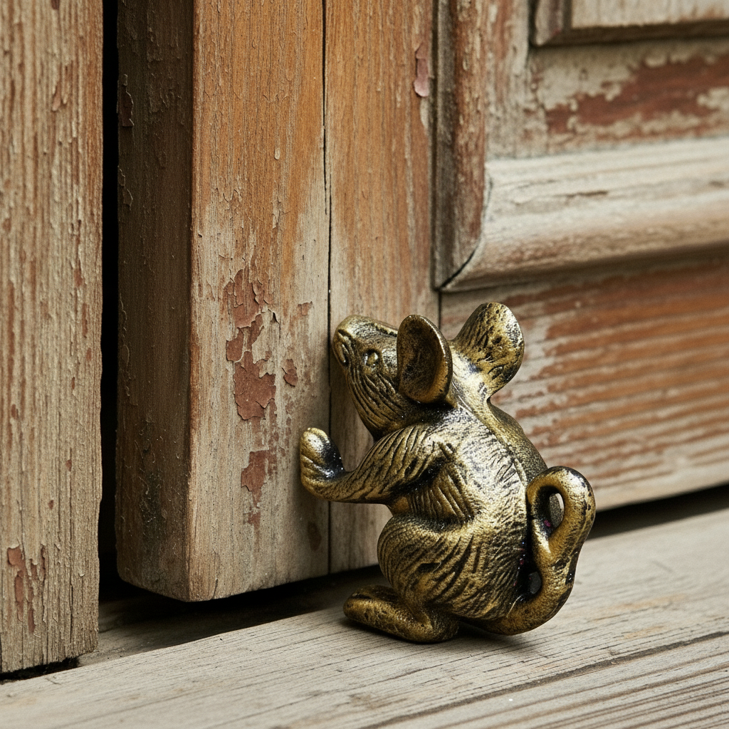 Mouse Door Stop and Bookend, Antique Gold Cast Iron Shelf Decor, 4.8"
