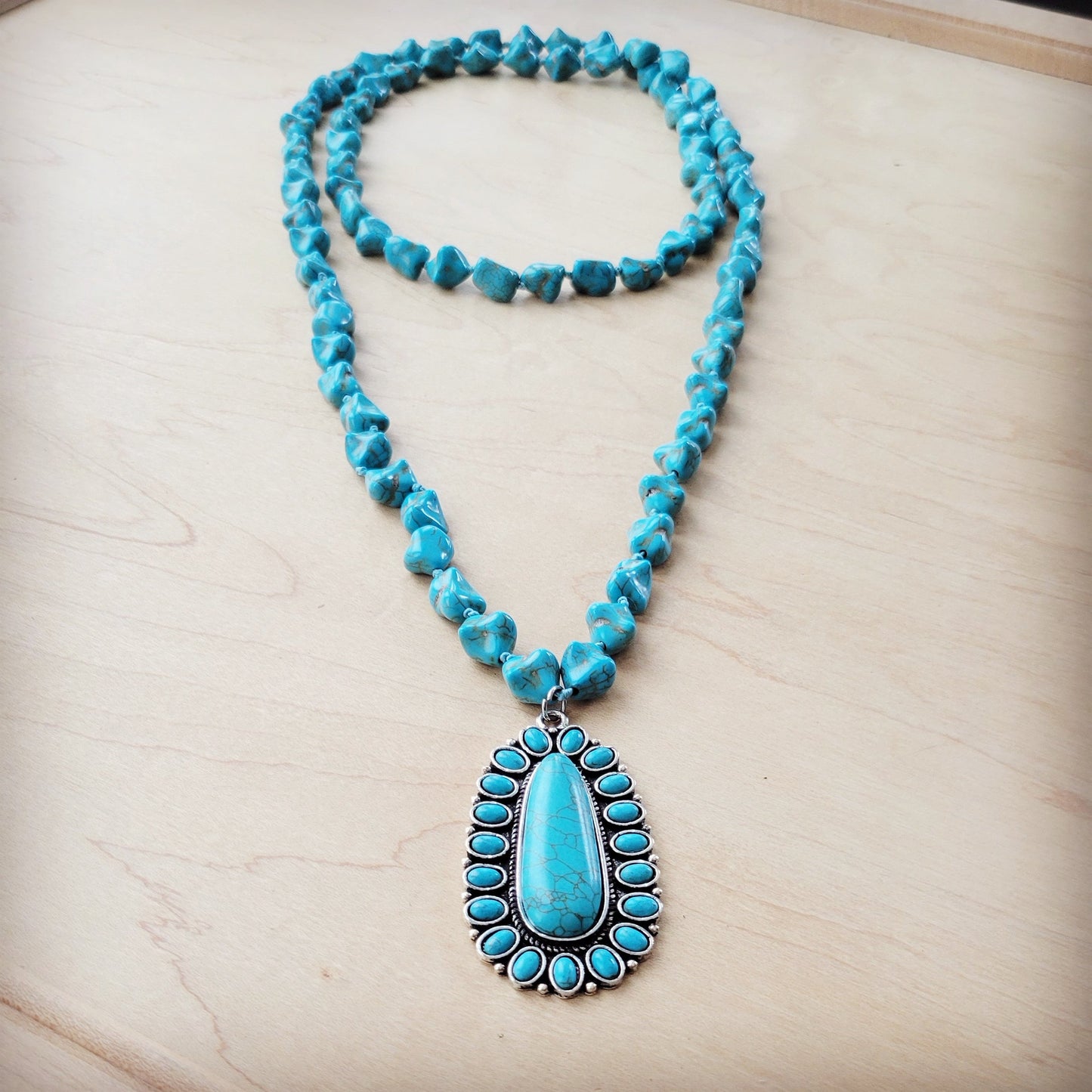 **Long Western Turquoise Beaded Necklace w/ Squash Blossom Pendant 261w