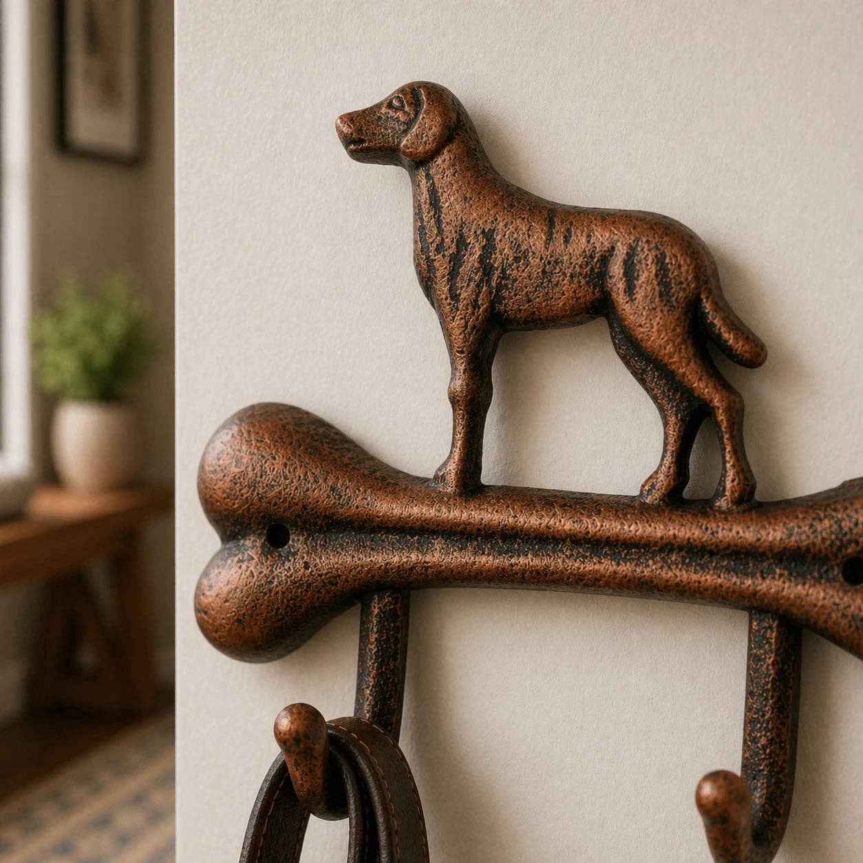 Dog Bone Double Wall Hook, Cast Iron for Leashes, Coats or Keys, 7.3"