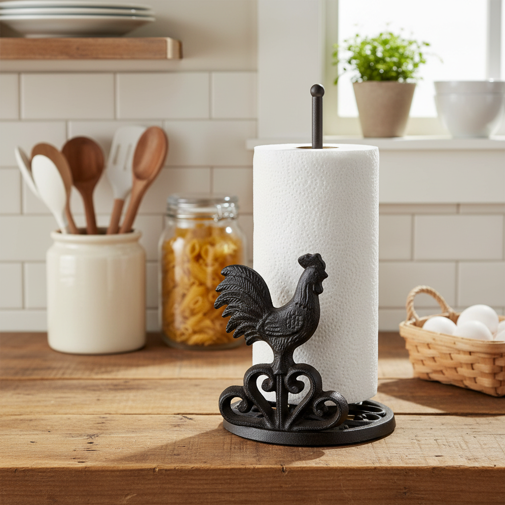 Rooster Paper Towel Holder, Cast Iron Farmhouse Kitchen, 12.5"
