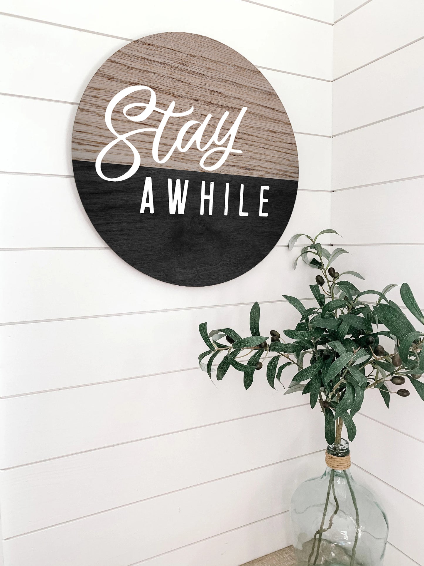 Stay Awhile Black And Wood Circle image 1