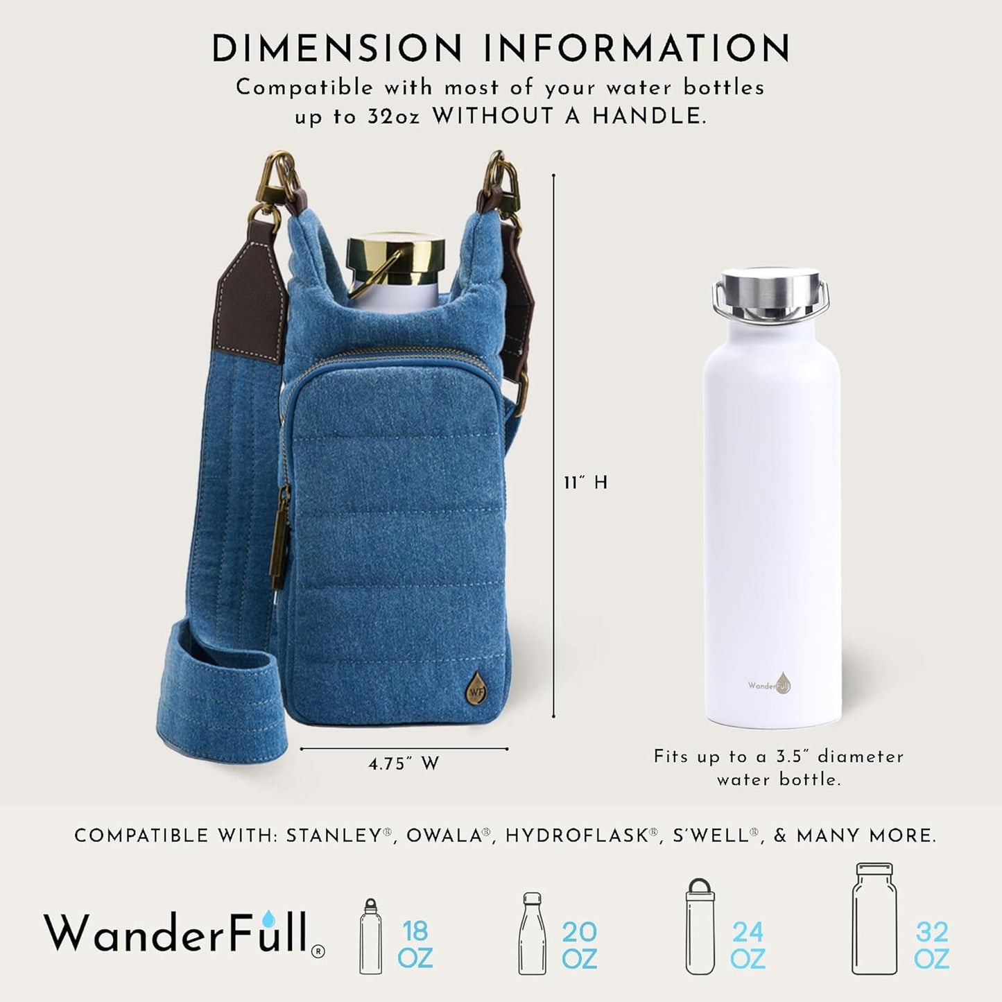 Denim HydroBag® with Antique Brass and Denim overlaid Vegan Leather Strap