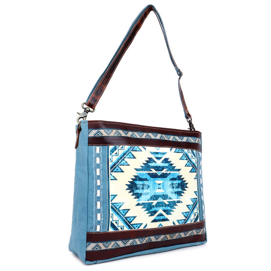 Blue Aztec Up-cycled Canvas & Genuine Leather Purse