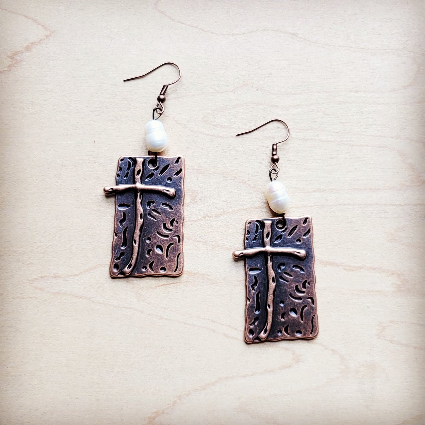 Copper Cross Earrings w/ Freshwater Pearls 225g
