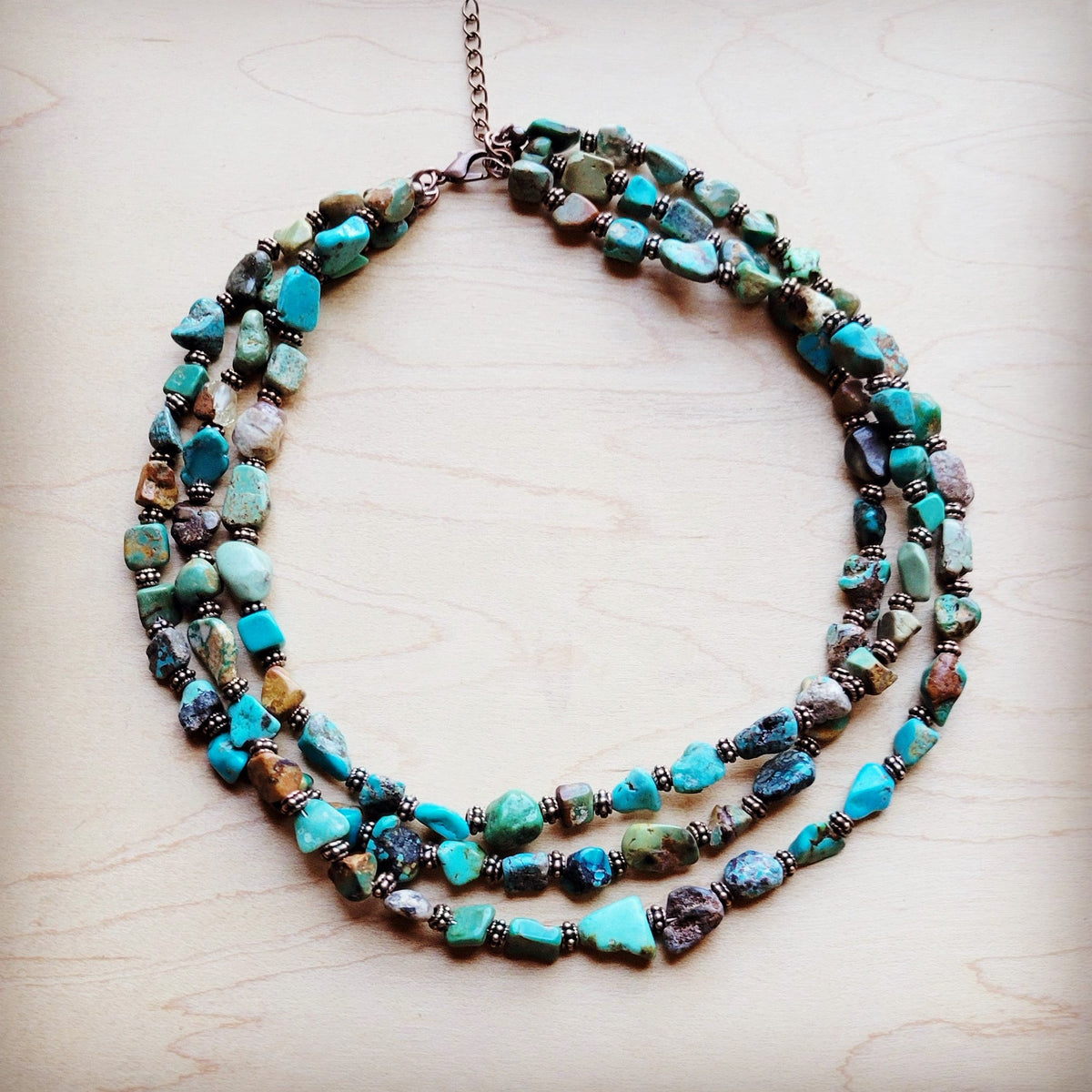 **Genuine HuBei Turquoise & Copper Triple Strand Necklace 259t