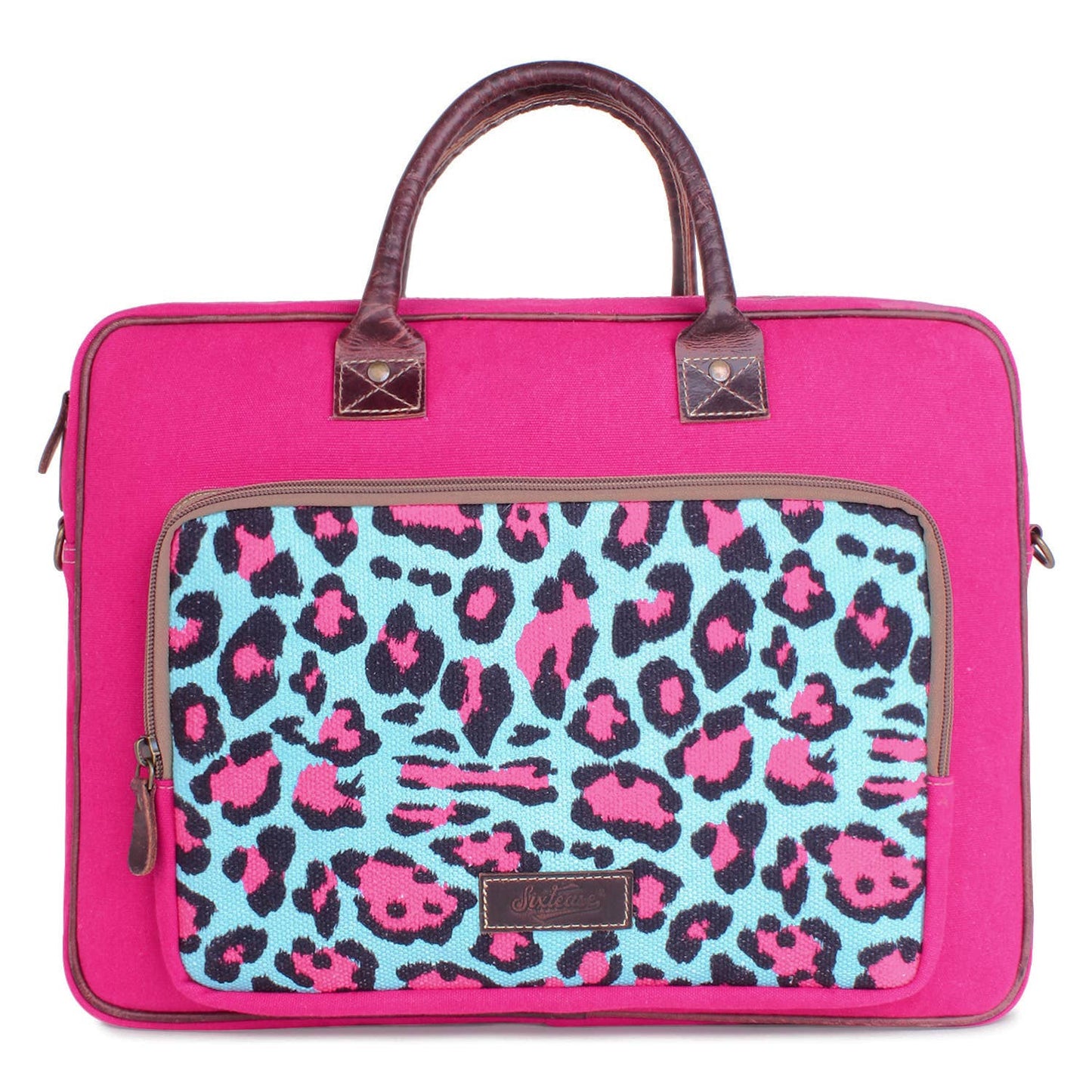 Pink Leopard Up-cycled Canvas & Leather Laptop Bag