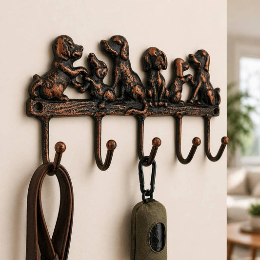 Dog Family 5-Hook Rack, Cast Iron for Leashes, Coats or Keys