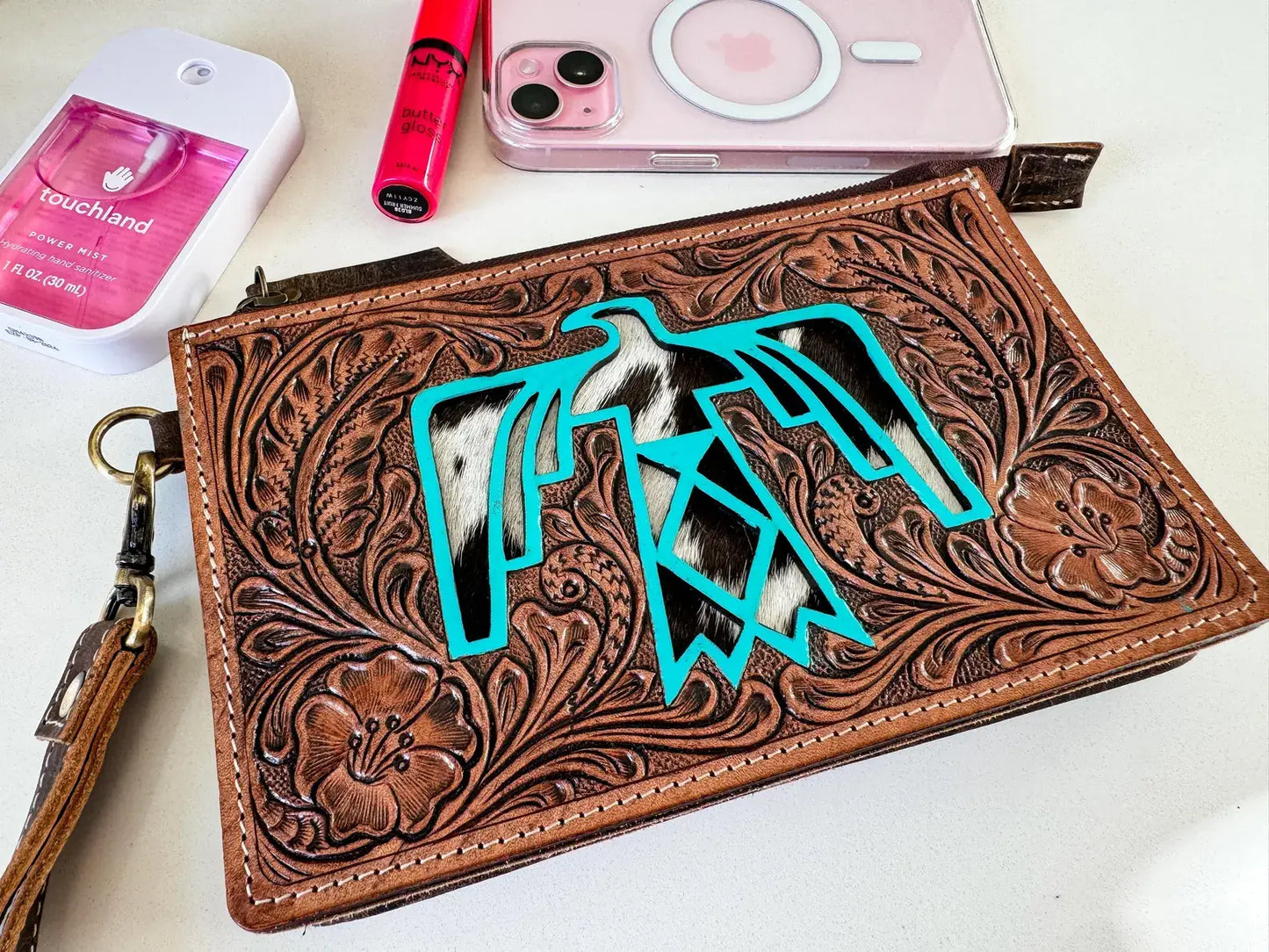 Sadie Thunderbird Wristlet Western Hand Tooled Leather