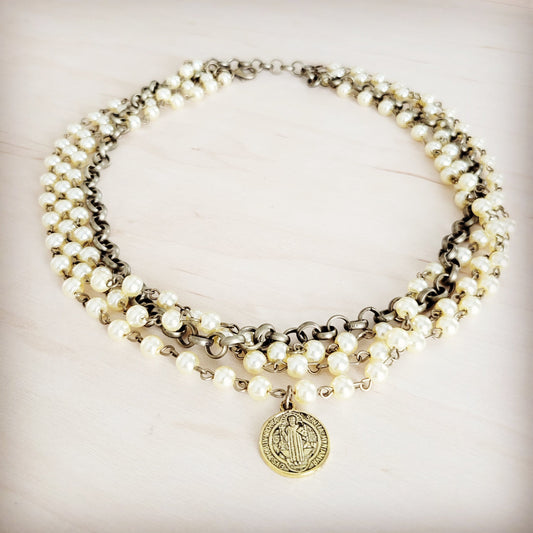 Champagne Pearl Beaded Collar Necklace w/ Pendant 263x