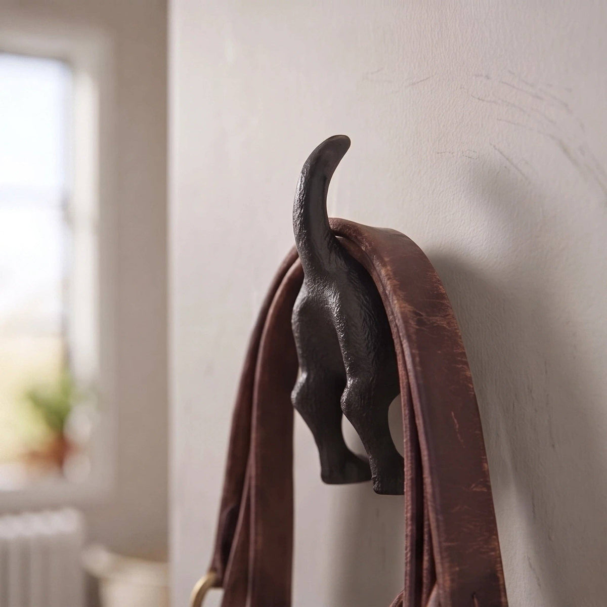 Dog Tail Wall Hook, Black Cast Iron for Leashes and Coats, 3.3"