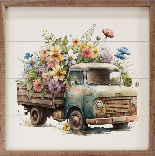 Rusty Green Truck With Flowers Front View image 0