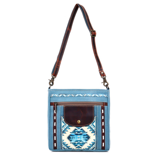 Blue Aztec Up-cycled Canvas & Genuine Leather Crossbody Purse
