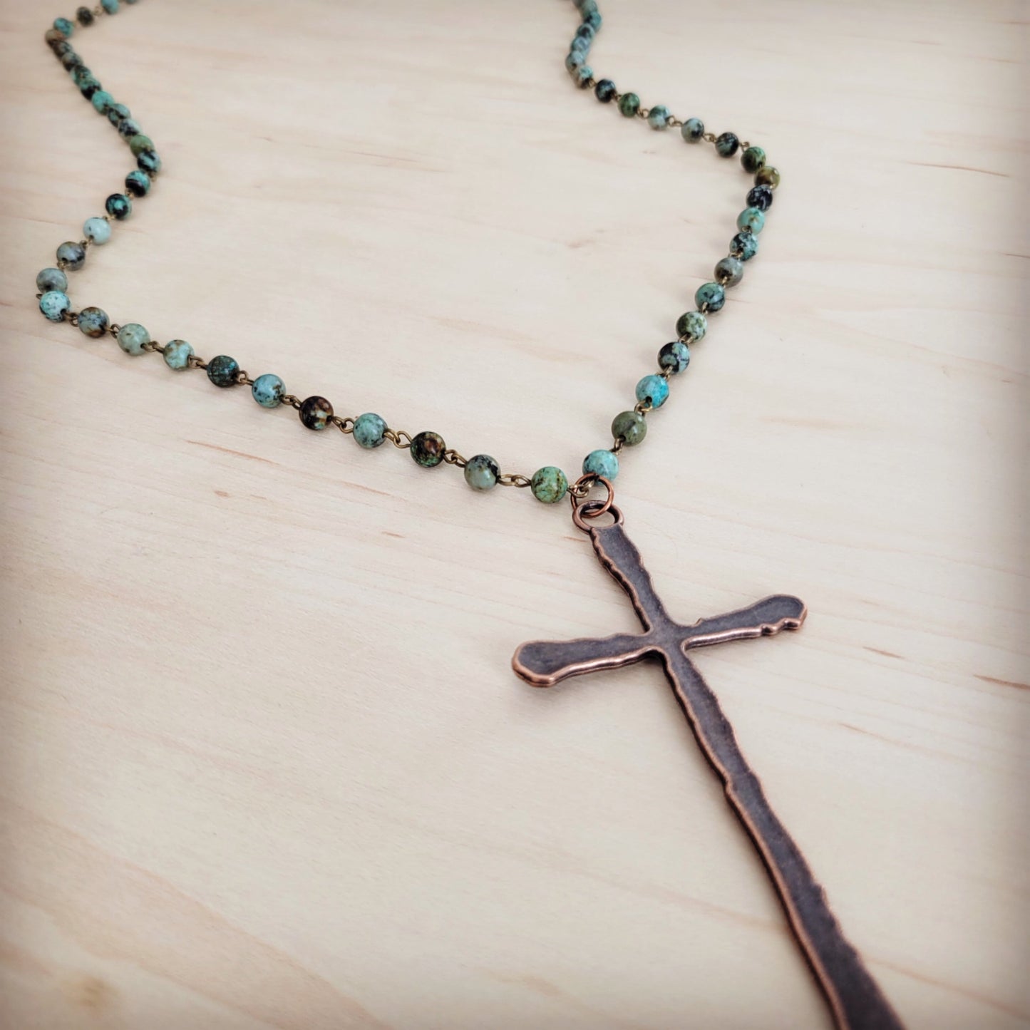 Genuine African Turquoise Long Beaded Necklace with Antique Copper Cross 262y