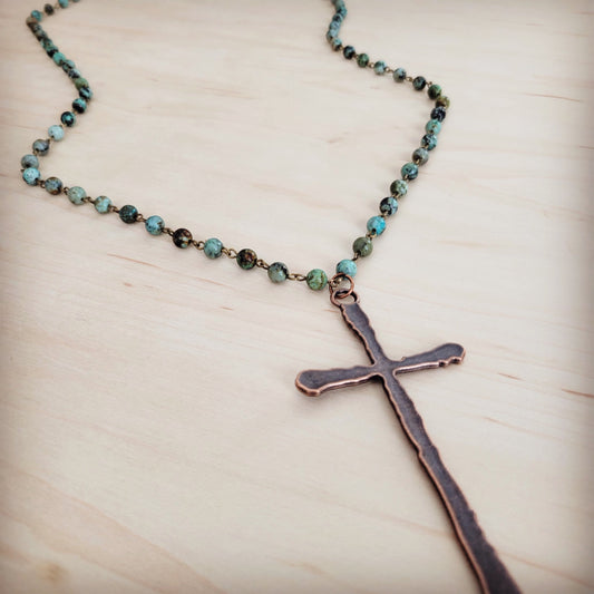 Genuine African Turquoise Long Beaded Necklace with Antique Copper Cross 262y