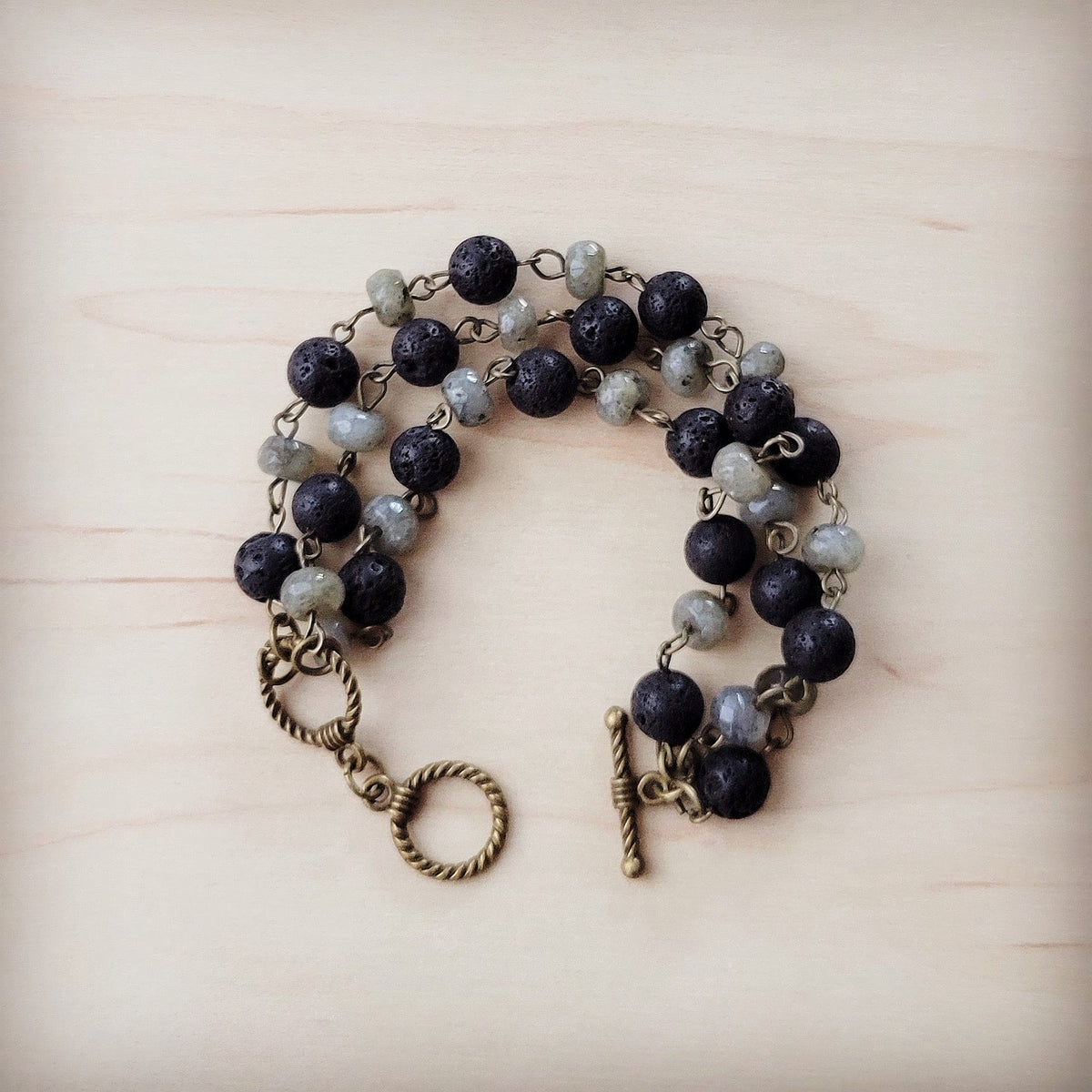 **Labradorite and Lava Triple Strand Bracelet 808k