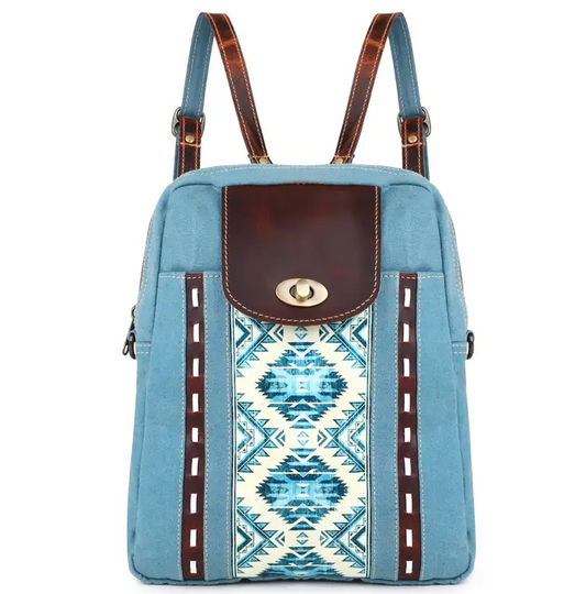 Blue Aztec Up-cycled Canvas & Genuine Leather Backpack image 0