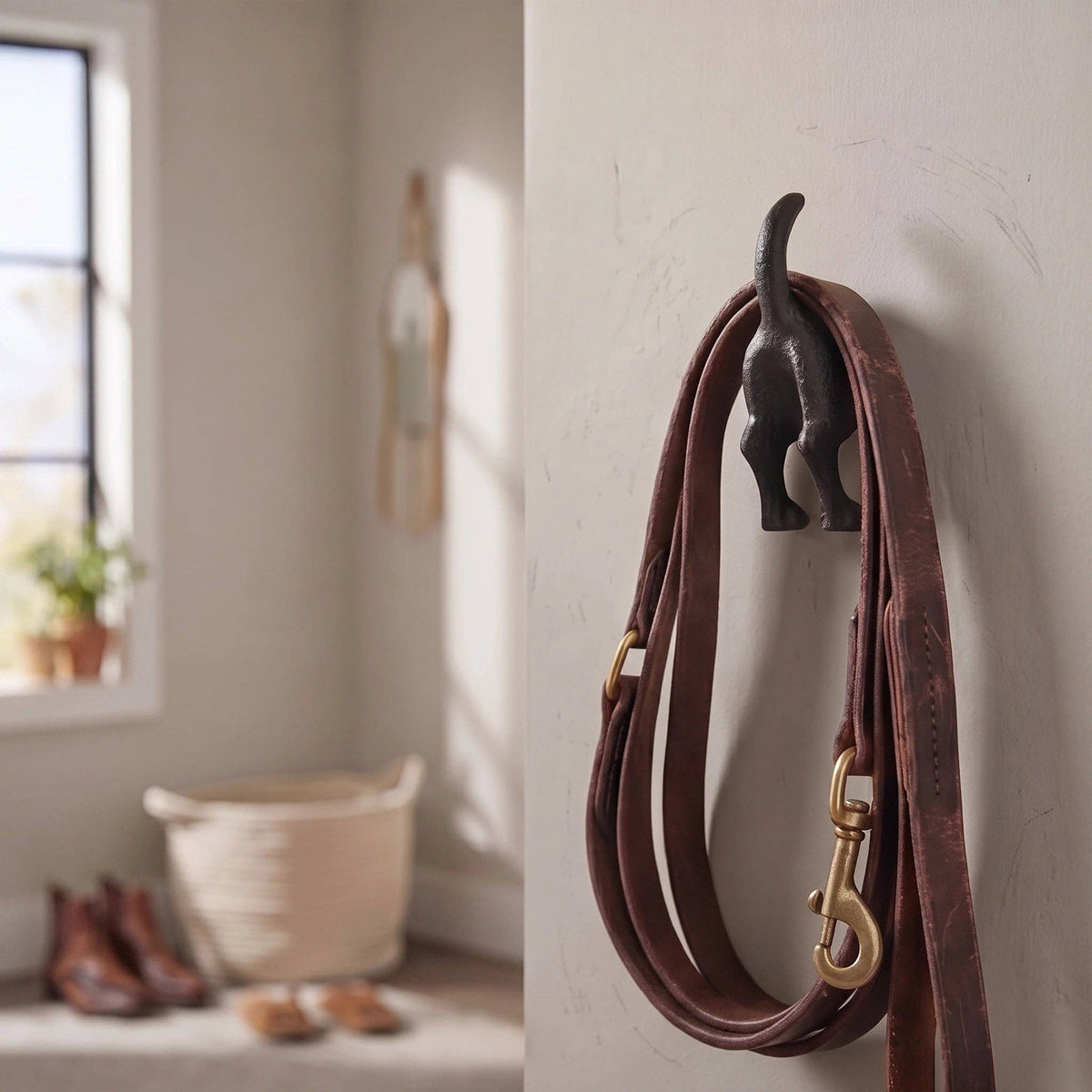 Dog Tail Wall Hook, Black Cast Iron for Leashes and Coats, 3.3"