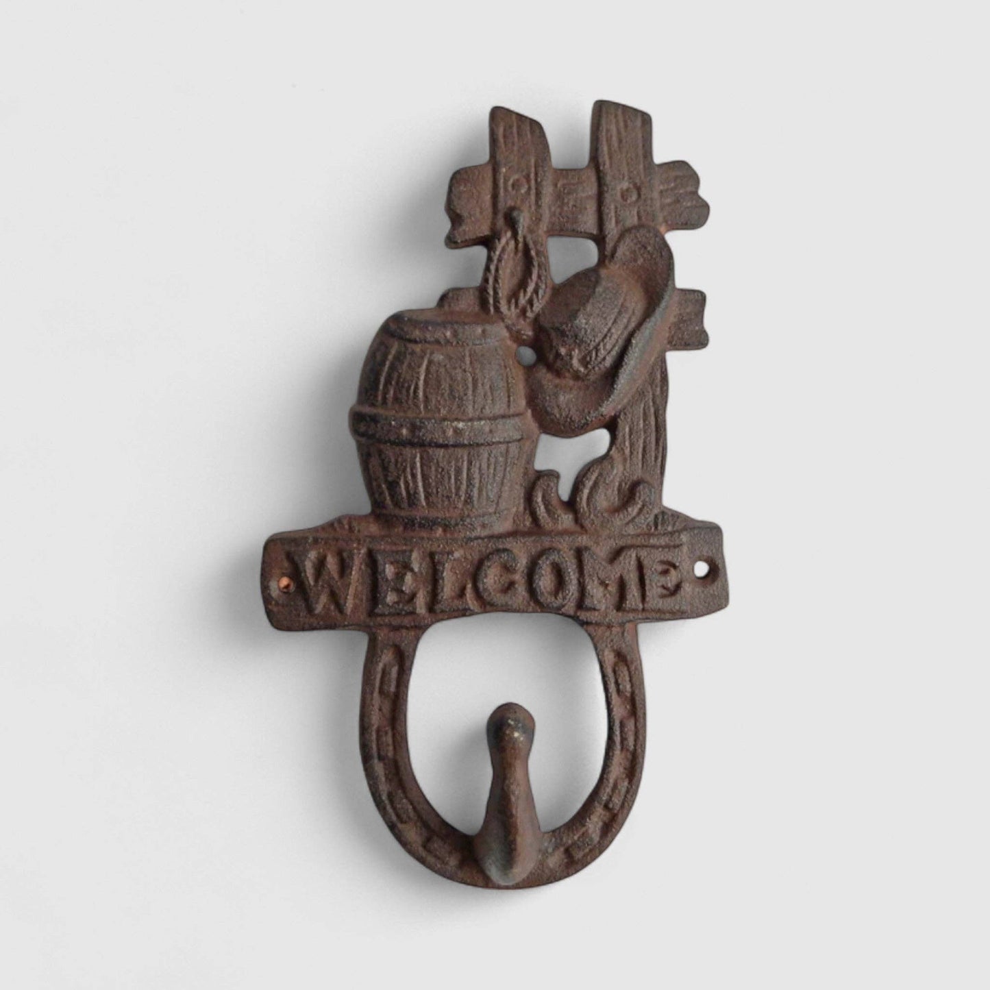 Welcome Barrel Wall Hook, Cast Iron for Coats, Keys or Hats, 7.9"
