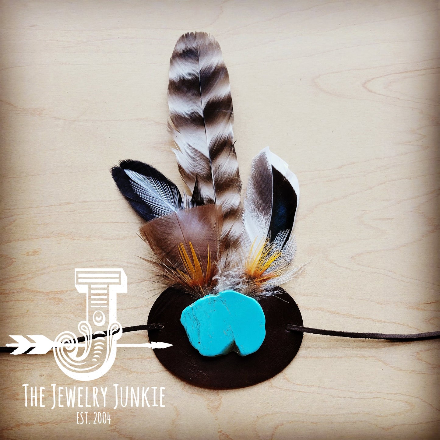 Blue Turquoise, Tan Feather & Leather Hat Band (Band Only) 981a
