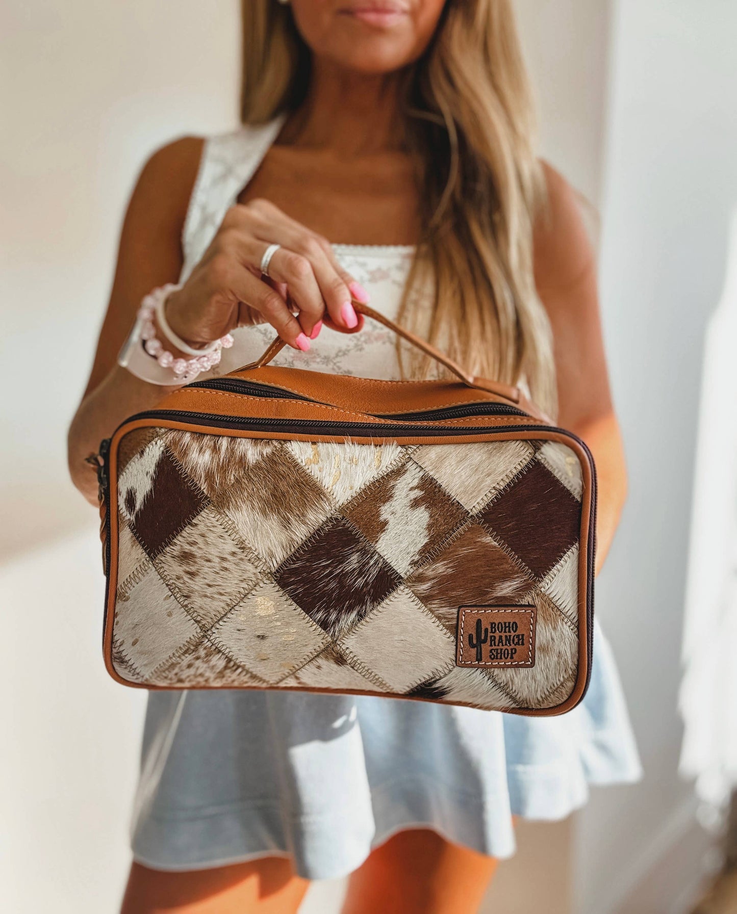 Genuine Leather Cowhide Cosmetic Travel Bag