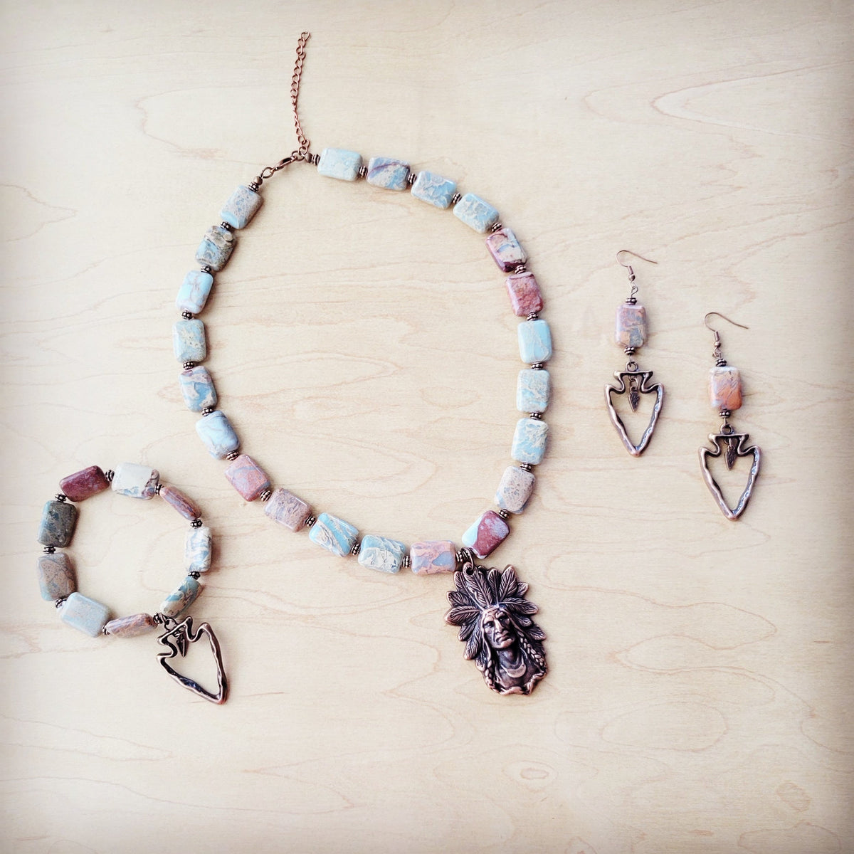 Copper Arrow Earrings w/ Genuine Aqua Terra Beads 225p