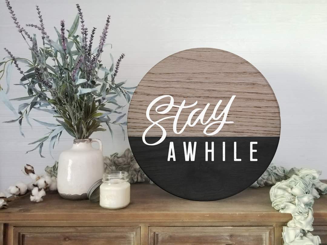 Stay Awhile Black And Wood Circle image 0
