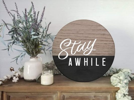 Stay Awhile Black And Wood Circle image 0