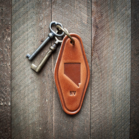 Nevada State Silhouette Leather Keychain Motel Style